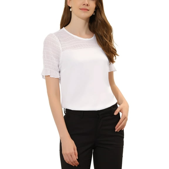 INSPIRE CHIC Women's Round Neck Lace Keyhole Back Puff Short Sleeve Tops XL White