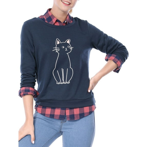 INSPIRE CHIC Women's Round Neck Long Sleeves Cute Printed Sweatshirt S Blue