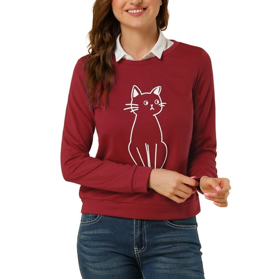 INSPIRE CHIC Women's Round Neck Long Sleeves Cute Catsss Printed Sweatshirt XS Red