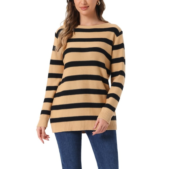 INSPIRE CHIC Women's Round Neck Long Sleeves Drop Shoulder Loose Striped Tunic Sweater M Khaki
