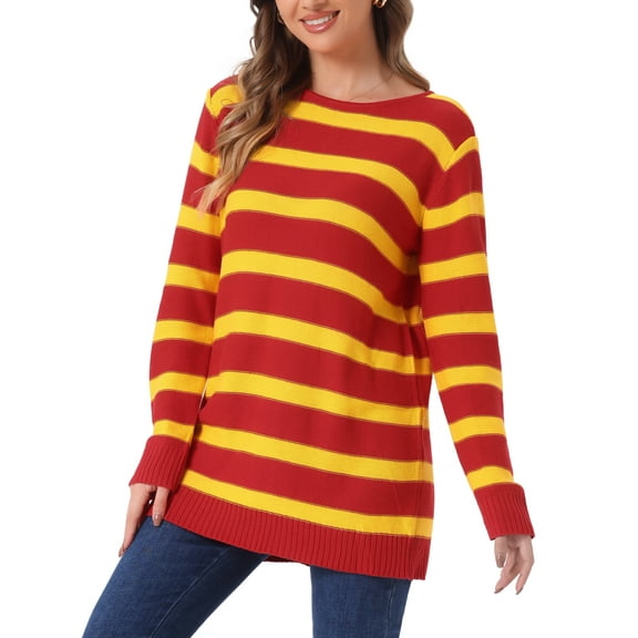 INSPIRE CHIC Women's Round Neck Long Sleeves Drop Shoulder Loose Striped Tunic Sweater XL Red Yellow