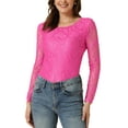 thumbnail image 1 of INSPIRE CHIC Women's  Round Neck Long Sleeves Sheer Flower Embroidery Lace Blouse XL Hot Pink, 1 of 6