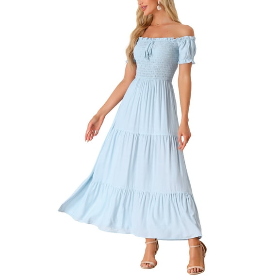 INSPIRE CHIC Women's Off Shoulder Puff Sleeves Ruffle Midi Smocked Tie Dresses M Blue