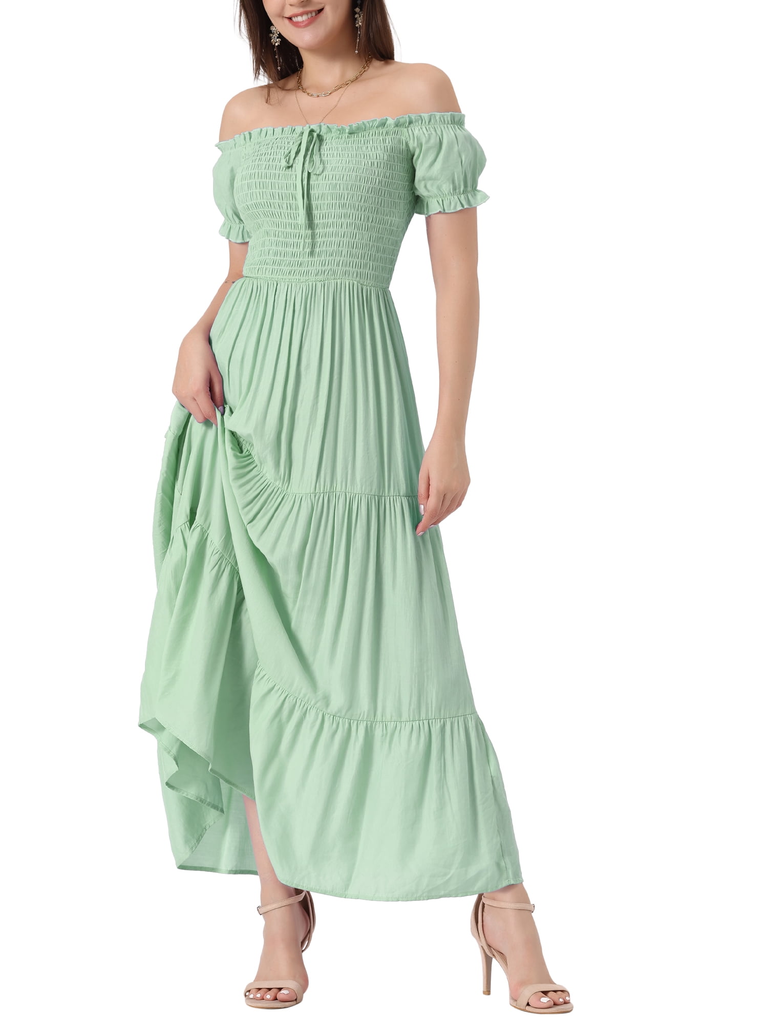 Ruffle Off Shoulder Puff Sleeve Pocketed Midi Dress