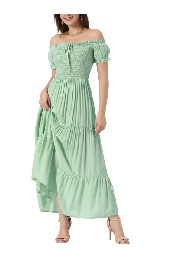Women's Off Shoulder Puff Sleeves Ruffle Midi Smocked Tie Dresses M Light Green