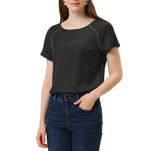Allegra K Women's Round Neck Short Raglan Sleeves Side Slit Chambray Blouse