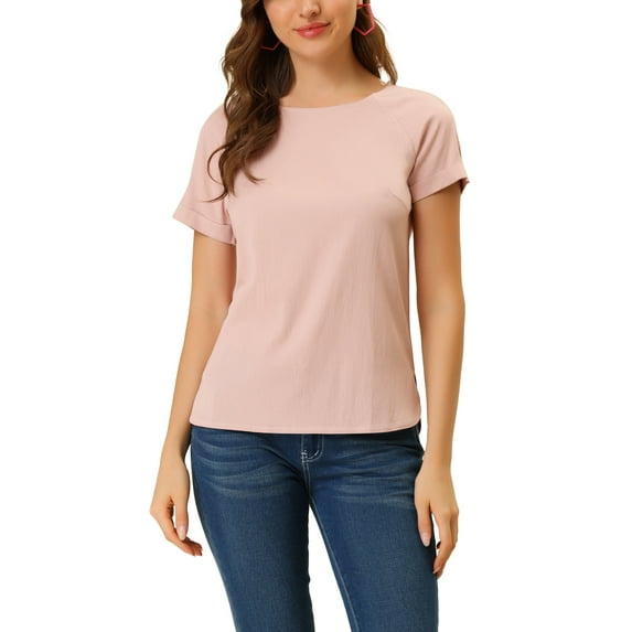 Allegra K Women's Round Neck Short Raglan Sleeves Side Slit Chambray Blouse