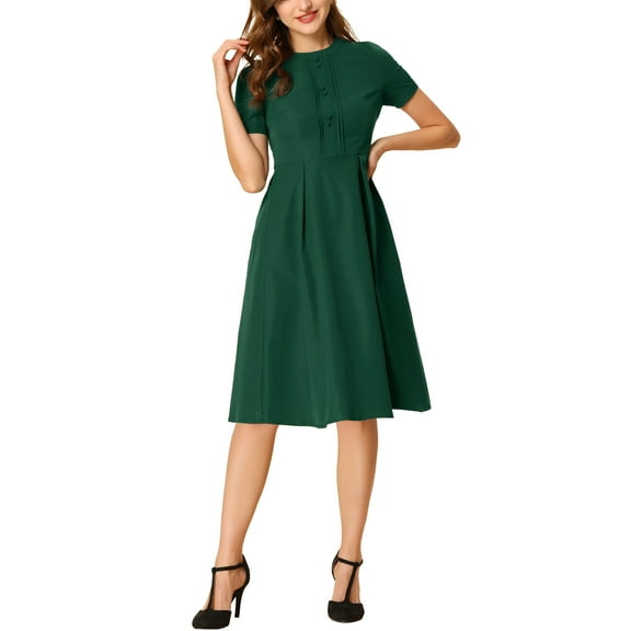 INSPIRE CHIC Women's Round Neck Short Sleeve Pleated Vintage 1950s Midi Dress XL Dark Green