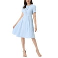 thumbnail image 1 of Allegra K Women's Round Neck Short Sleeve Pleated Vintage 1950s Midi Dress XL Light Blue, 1 of 5