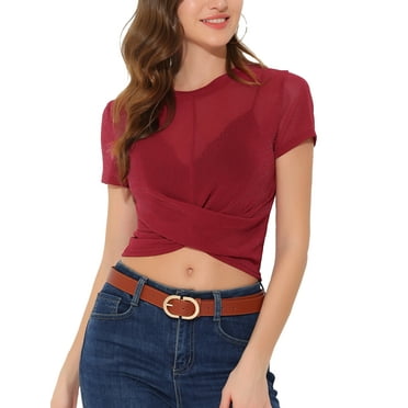 Allegra K Women's Round Neck Short Sleeve Twist Knot Crop Tops T-Shirt