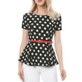 thumbnail image 1 of INSPIRE CHIC Women's Round Neck Short Sleeves Polka Dots Peplum Blouse with Belt M Black, 1 of 8