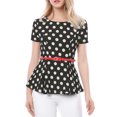 thumbnail image 1 of INSPIRE CHIC Women's Round Neck Short Sleeves Polka Dots Peplum Blouse with Belt XS Black, 1 of 8