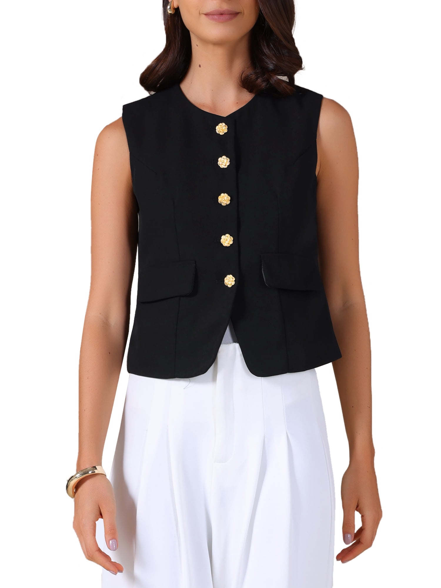 INSPIRE CHIC Women's Round Neck Suit Vest Sleeveless Floral Button ...