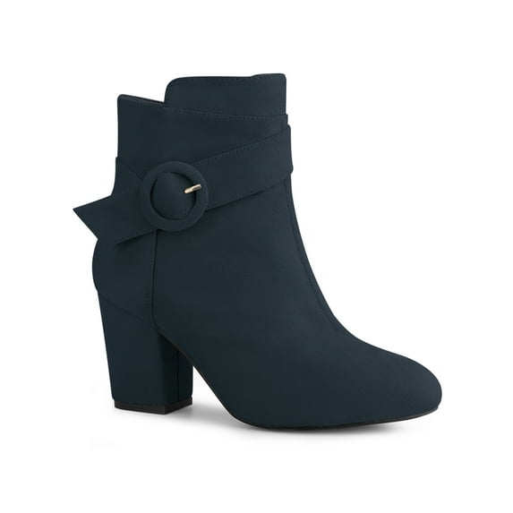 BLISSFUL STEP Women's Boots Faux Suede Ankle Booties Block Heel Round Toe Buckle Side Zip Boots Navy Blue 5.5
