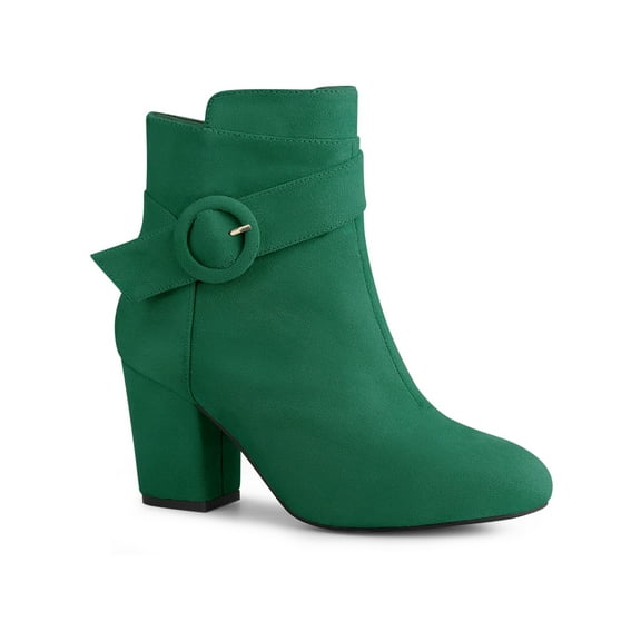 BLISSFUL STEP Women's Boots Faux Suede Ankle Booties Block Heel Round Toe Buckle Side Zip Boots Emerald Green 10