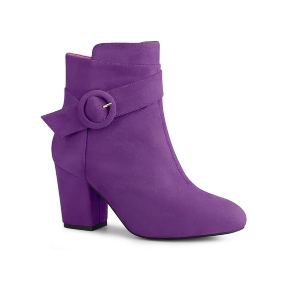 BLISSFUL STEP Women's Boots Faux Suede Ankle Booties Block Heel Round Toe Buckle Side Zip Boots Purple 10