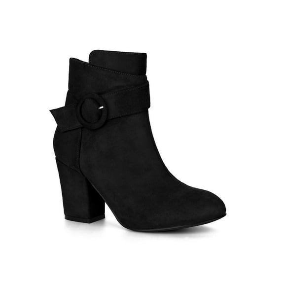 BLISSFUL STEP Women's Boots Faux Suede Ankle Booties Block Heel Round Toe Buckle Side Zip Boots Black 5.5