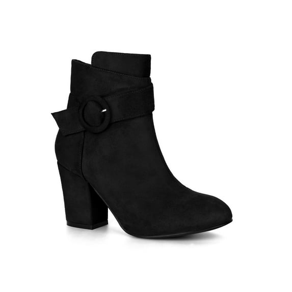 BLISSFUL STEP Women's Boots Faux Suede Ankle Booties Block Heel Round Toe Buckle Side Zip Boots Black 5.5