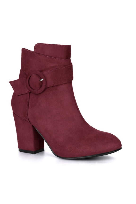 Women's Boots Faux Suede Ankle Booties Block Heel Round Toe Buckle Side Zip Boots Burgundy 10