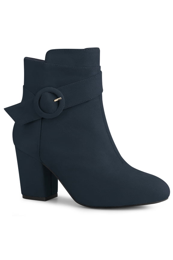 Women's Boots Faux Suede Ankle Booties Block Heel Round Toe Buckle Side Zip Boots Navy Blue 10