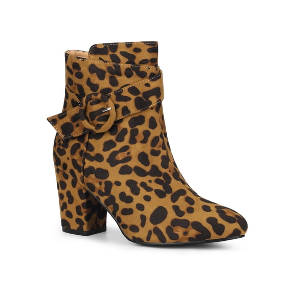 BLISSFUL STEP Women's Boots Faux Suede Ankle Booties Block Heel Round Toe Buckle Side Zip Boots Leopard 8