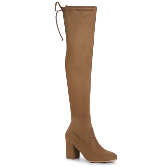 BLISSFUL STEP Women's Boots Round Toe Block Heel Over Knee High Faux Suede Boots Brown 8.5