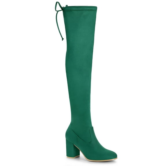 BLISSFUL STEP Women's Boots Round Toe Block Heel Over Knee High Faux Suede Boots Green 6