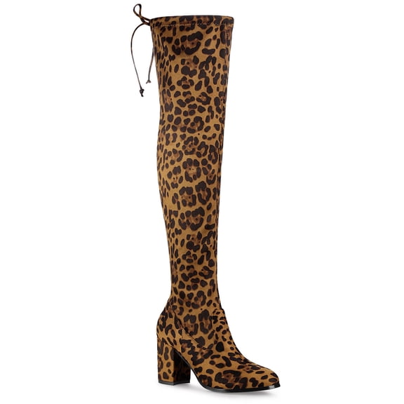 BLISSFUL STEP Women's Boots Round Toe Block Heel Over Knee High Faux Suede Boots Leopard 6