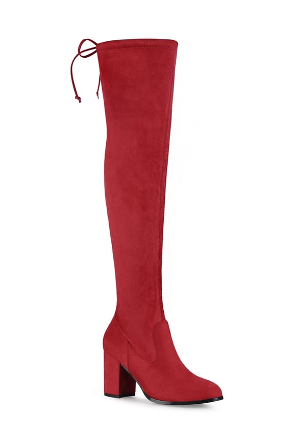 Women's Boots Round Toe Block Heel Over Knee High Faux Suede Boots Red 7