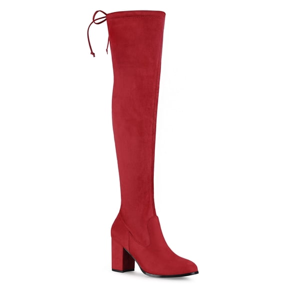 BLISSFUL STEP Women's Boots Round Toe Block Heel Over Knee High Faux Suede Boots Red 8.5
