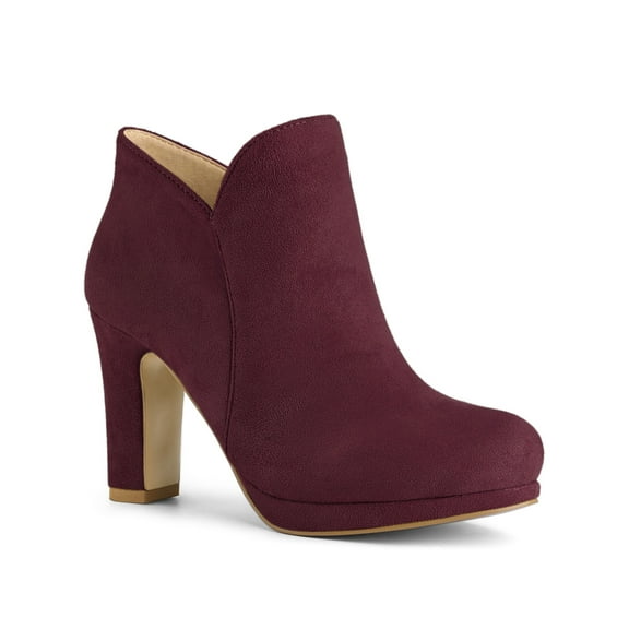 BLISSFUL STEP Women's Round Toe Block Heels Ankle Heel Boots Burgundy 9