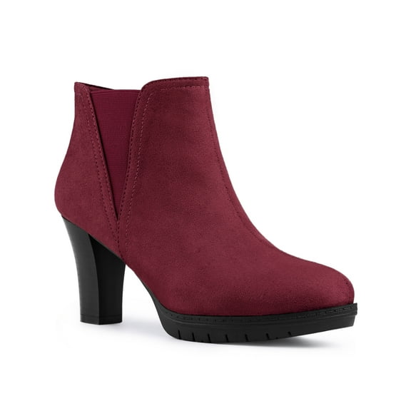 BLISSFUL STEP Women's Round Toe Block Heels Chelsea Ankle Boots Burgundy 8