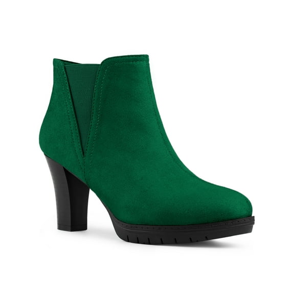 BLISSFUL STEP Women's Round Toe Block Heels Chelsea Ankle Boots Emerald Green 7
