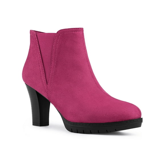 BLISSFUL STEP Women's Round Toe Block Heels Chelsea Ankle Boots Hot Pink 7
