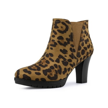 Allegra K Women's Round Toe Block Heels Chelsea Ankle Boots Leopard 8