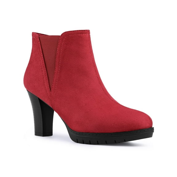 BLISSFUL STEP Women's Round Toe Block Heels Chelsea Ankle Boots Red 7
