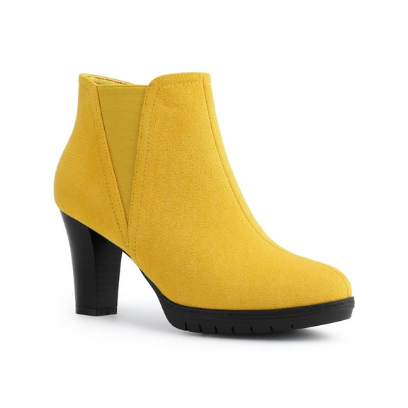 BLISSFUL STEP Women's Round Toe Block Heels Chelsea Ankle Boots Yellow 7
