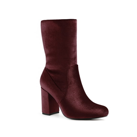 BLISSFUL STEP Women's Round Toe Block Heels Foldable Mid Calf Boots Burgundy 6.5