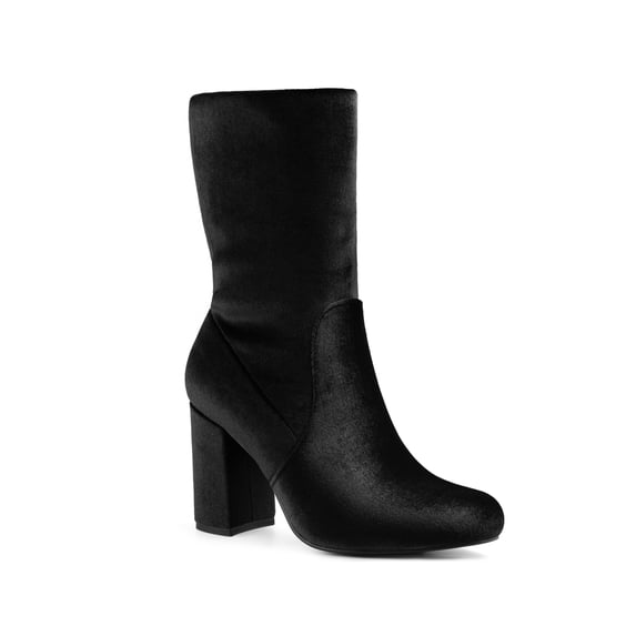 BLISSFUL STEP Women's Boots Foldable Faux Velvet Block Heel Mid Calf Ankle Boots Black 9.5