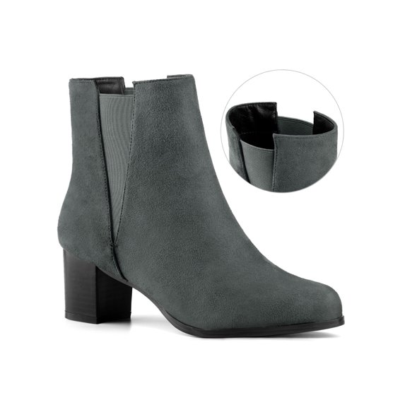 BLISSFUL STEP Women's Round Toe Block High Heel Ankle Chelsea Boots Blue Gray 8.5