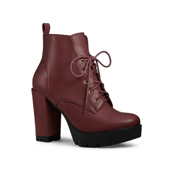BLISSFUL STEP Women's Round Toe Block High Heel Lace up Platform Boots