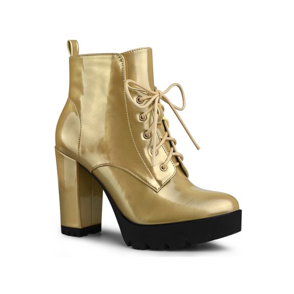 BLISSFUL STEP Women's Round Toe Block High Heel Lace up Platform Boots