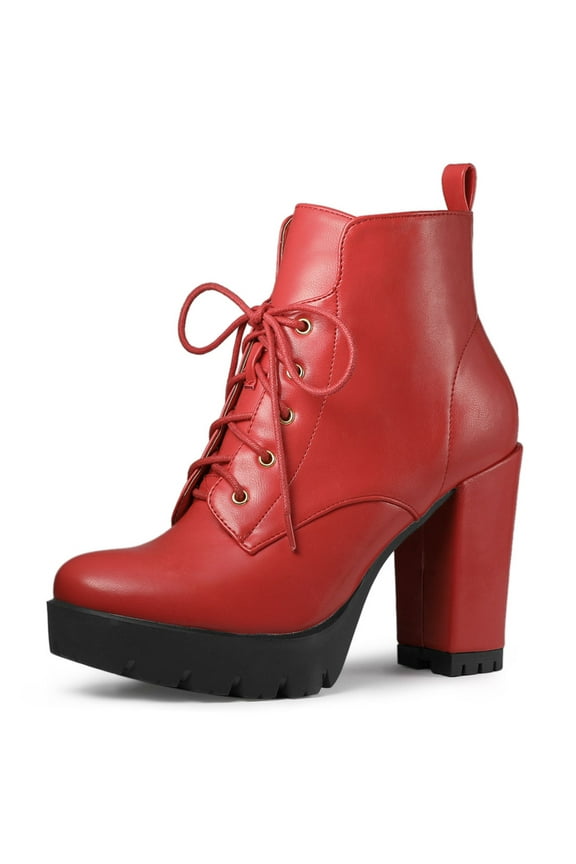 Women's Round Toe Block High Heel Lace up Platform Boots