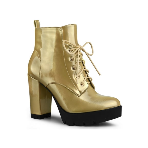 BLISSFUL STEP Women's Round Toe Block High Heel Lace up Platform Boots