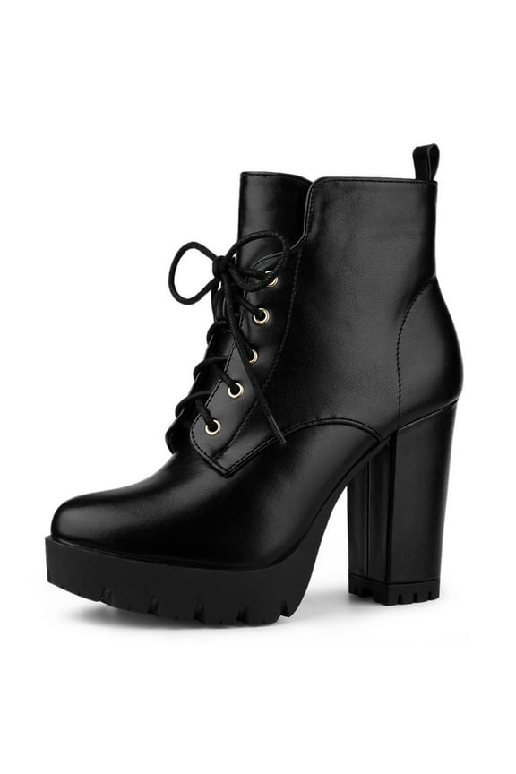 Women's Round Toe Block High Heel Lace up Platform Boots
