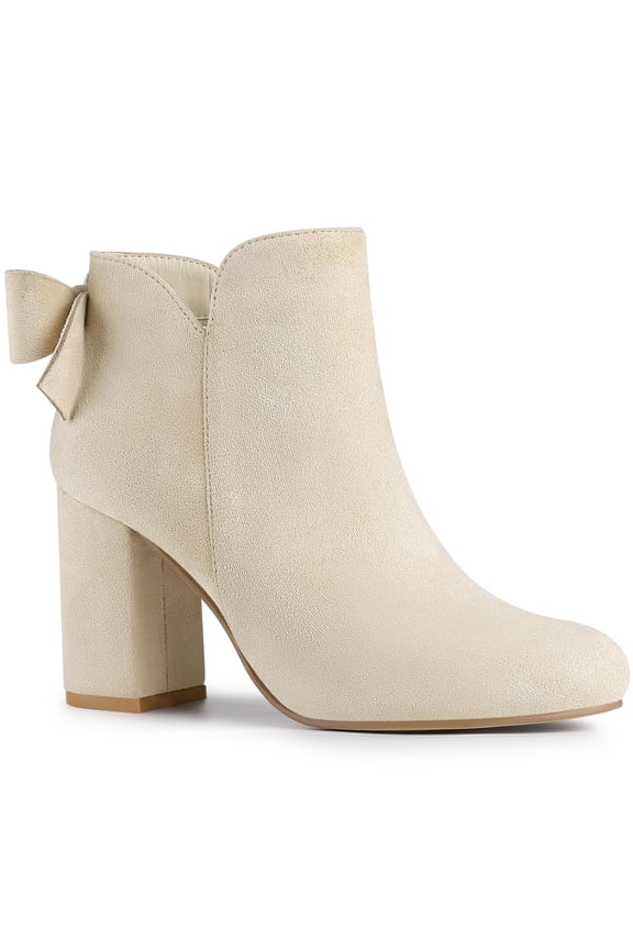 Women's Boots Faux Suede Bow Decor Chunky High Heel Round Toe Side Zipper Booties Beige 9.5