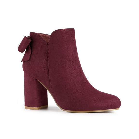 BLISSFUL STEP Women's Boots Faux Suede Bow Decor Chunky High Heel Round Toe Side Zipper Booties Burgundy 8