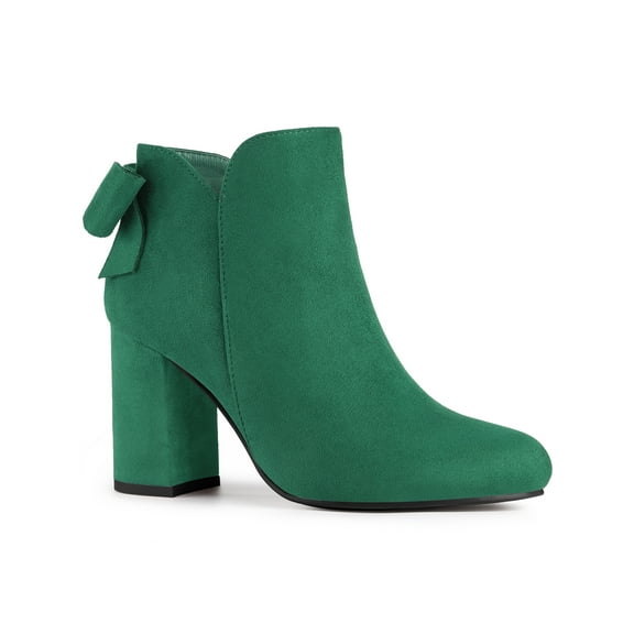 BLISSFUL STEP Women's Boots Faux Suede Bow Decor Chunky High Heel Round Toe Side Zipper Booties Green 10