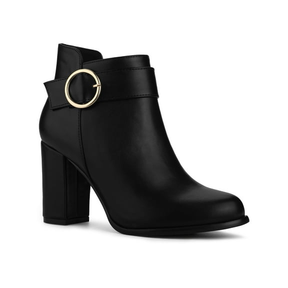 BLISSFUL STEP Women's Round Toe Circle Buckle Block High Heel Ankle Boots