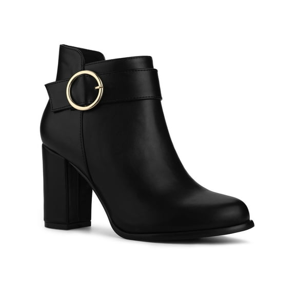 BLISSFUL STEP Women's Round Toe Circle Buckle Block High Heel Ankle Boots